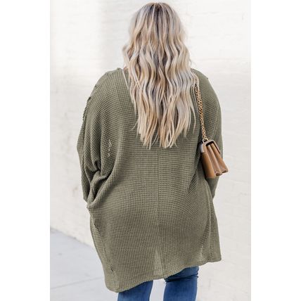 Seagrass Waffle Knit Drop Shoulder Open Front Pocketed Plus Size Cardigan