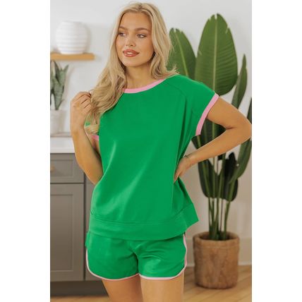 Bright Green Two Tone Contrast Textured Crewneck Tee and Shorts Set