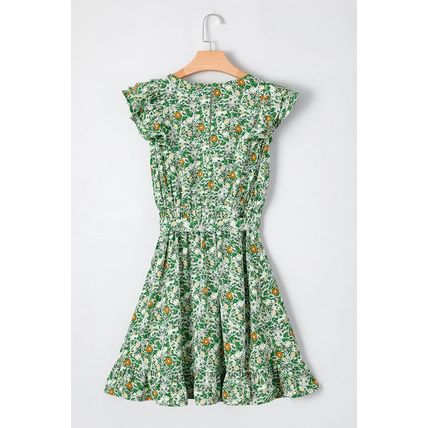 Green Flower Print Flutter Sleeve V Neck Sashed Ruffled Mini Dress