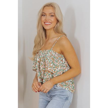 White Boho Floral Spaghetti Strap Ruffle Summer Tank Top