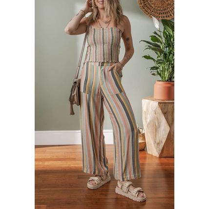 Multicolour Vertical Striped Smocked Cami Top Wide Leg Pants Set