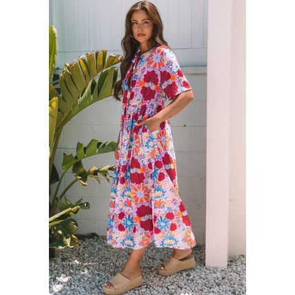 Rose Floral Tied Front High Waist Short Sleeve Loose Long Dress