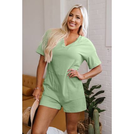 Grass Green Loose Half Sleeve V Neck Knit Romper