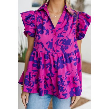 Rose Floral Print Collared Button Neckline Flutter Sleeve Blouse