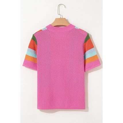 Orange Color Block Eyelet Casual Sweater T Shirt