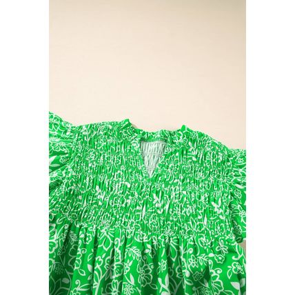 Green Floral Flutter Sleeve Shirred Notched Neck Plus Size Blouse