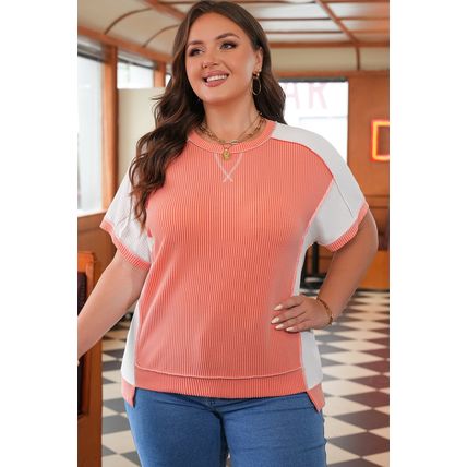 Carrot Twist Rib Colorblock Hi Low Plus Size Short Sleeve Top