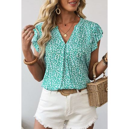 Green Notched V Neck Leopard Ruffle Short Sleeve Blouse