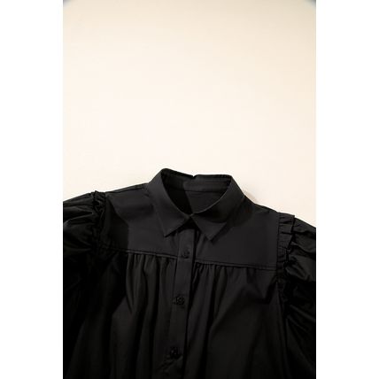 Black Frilly Puff Sleeve Stylish Collared Shirt