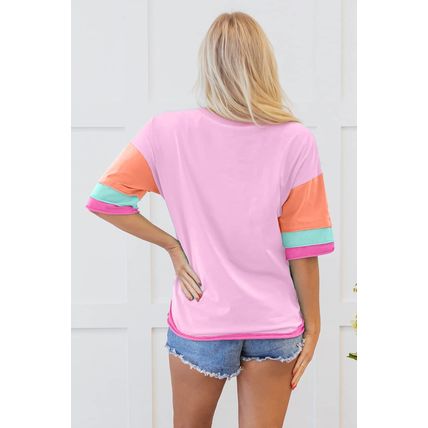 Pink Solid Color Half Sleeve Buttons Henley Top