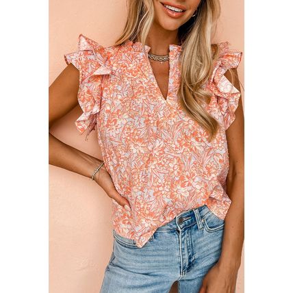 Orange Floral Ruffle Sleeve Split Neck Blouse