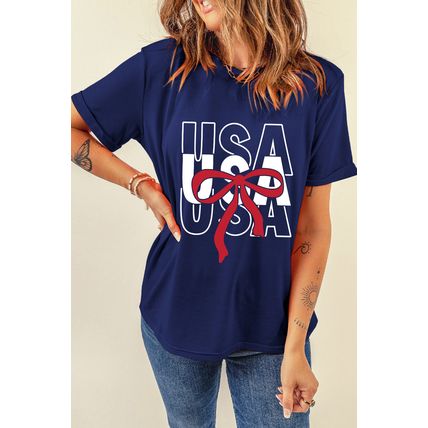 Blue USA Bow Printed Casual Cotton Blend T Shirt