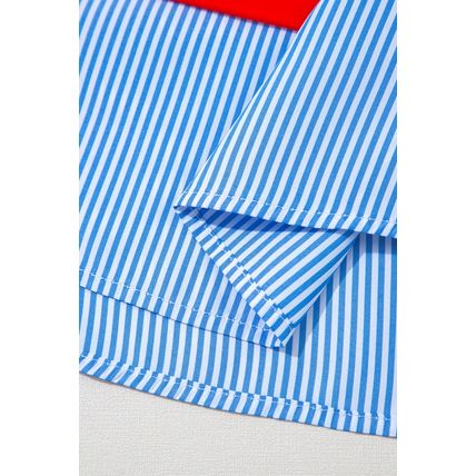 Red Stripe Collar V Neck Cuffed Dolman Short Sleeve Top