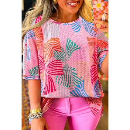 Pink Bowknot Printed Waffle Crewneck Loose Short Sleeve Top