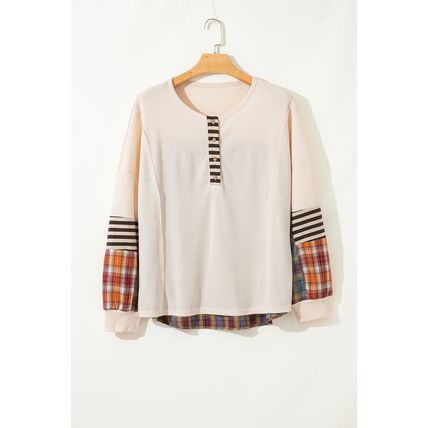 Parchment Plus Size Waffle Colorblock Striped Plaid Patchwork Half Button Pullov