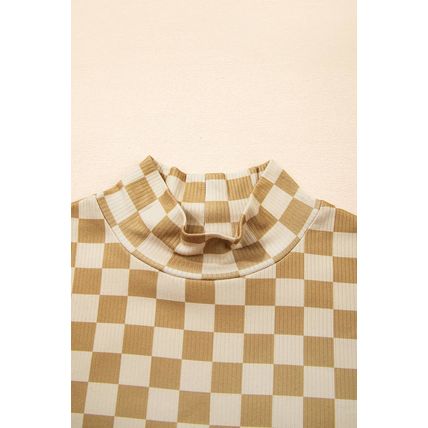 Khaki Check Pattern Turtleneck Ribbed Slim Long Sleeve Tee