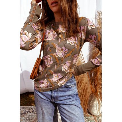 Brown Floral Print Waffle Textured Long Sleeve Top
