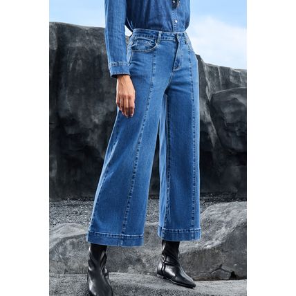Dark Blue Plain Seam Detail Flared Bottom Ankle Length Jeans
