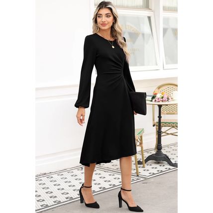 Black Solid Color Ruched Detail Long Sleeve Midi Dress