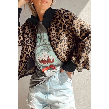 Khaki Leopard Print Zip Up Stand Neck Side Pocket Jacket