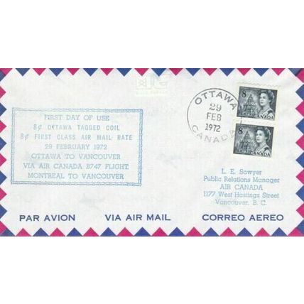 Canada 1972 8c Ottawa-Vancouver First Flight FDC Ottawa cancel typed VGC
