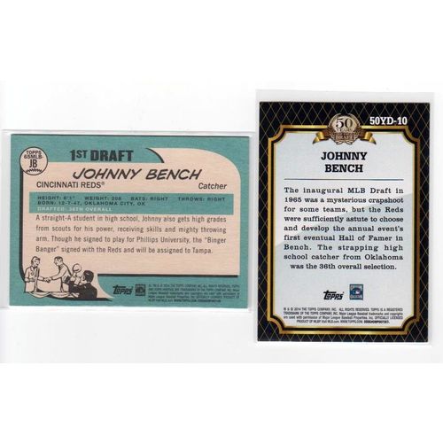 TWO 2014 Topps Johnny Bench cards-Heritage #65MLB-JB, 50 Years of Draft #50YD-10