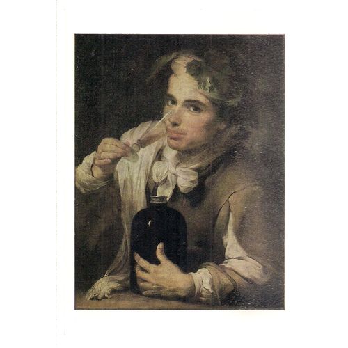 A YOUNG MAN DRINKING. painting by B.E. Murillo .. unused vintage postcard #