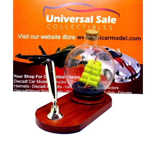 LITTLE SAILING BOAT IN A GLASS BALL ON WOOD PEN STAND,WOODEN NAUTICAL MODEL