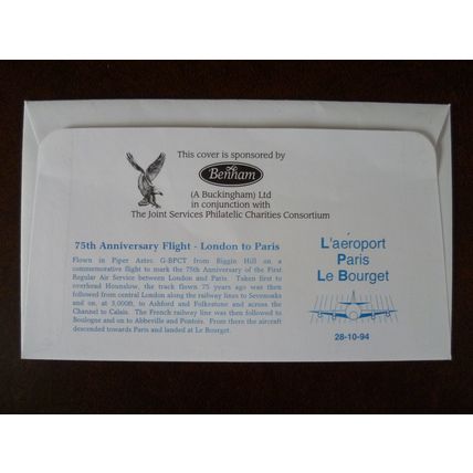 1994 GB 75th Ann 1st Flight London-Paris Benham Silk Flown Cover Special Event