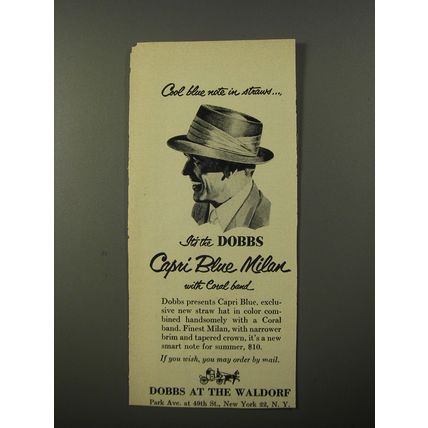 1954 Dobbs Capri Blue Milan Hat Ad - Cool blue note in straws