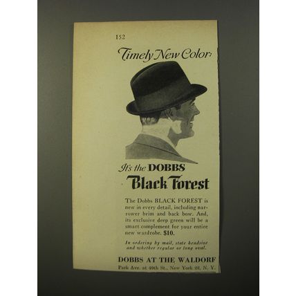 1954 Dobbs Black Forest Hat Ad - Timely new color