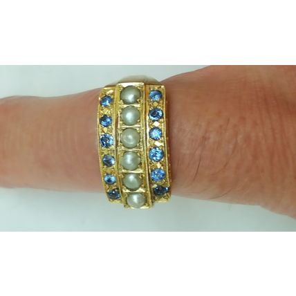 Antique 14k Yellow Gold 1.20ctw Natural Sapphire & Seed Pearl Ring,1880s