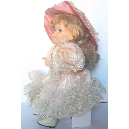 LEONARDO PORCELAIN DOLL - PINK SATIN DRESS - WHITE LACE 32 cm sitting VERY GOOD