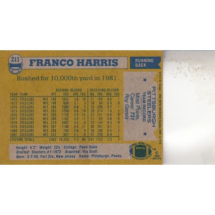 FRANCO HARRIS 1982 AUTOGRAPHED PITTSBURGH STEELERS HOF SB CHAMPION RUNNING BACK