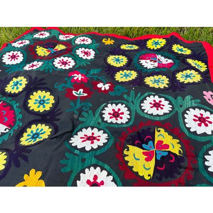 Vintage Uzbek hand embroidered black suzani 39.3 x 33 inch