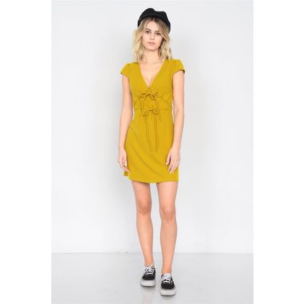 Mustard Ribbed V-neck Cap Sleeve Mini Solid Casual Dress