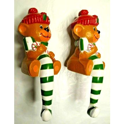 Vintage Plastic Christmas Mantle Sitting Bears (2) Candy Cane Stockings Hooks