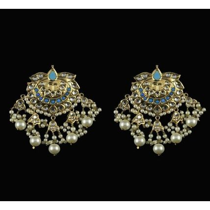 PAKISTANI INDIAN WOMEN GIRLS GOLD-PLATED THAPA KUNDAN EMBELLISHED NATURAL PEARLS