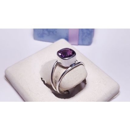 Estate 2ct Cushion Cut Amethyst Bezel Sterling Silver S-8 Split shank Ring#22117