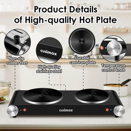 Cusimax Hot Plate for Cooking 1800W Portable Electric Double Burner Countertop C