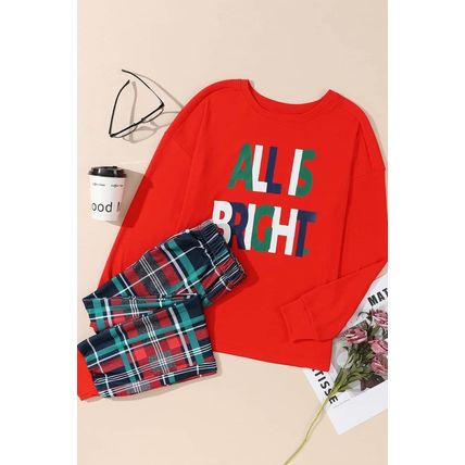Multicolor ALL IS BRIGHT Graphic Christmas Plaid Pajamas Set