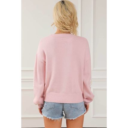 Pink Chenille Daisy Stitching Crew Neck Sweater