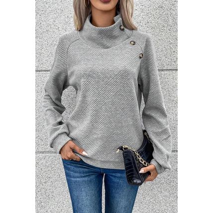 Gray Asymmetric Buttons Detail High Neck Textured Sweatshirt