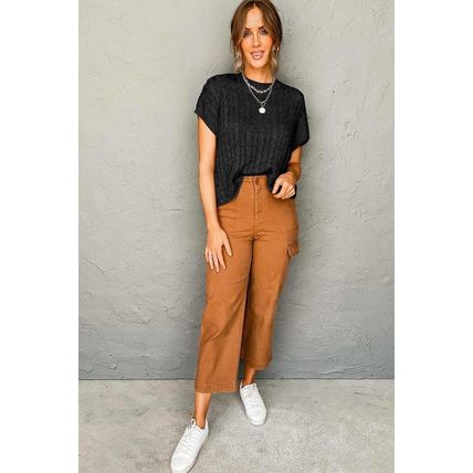 Black Crew Neck Cable Knit Short Sleeve Sweater