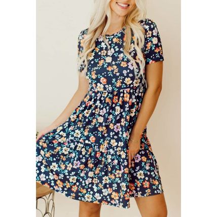Blue Short Sleeve A-line Floral Dress