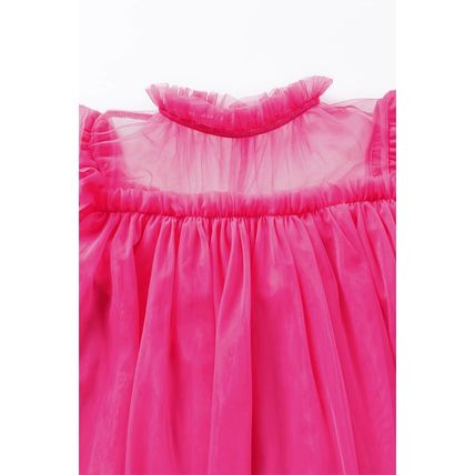 Strawberry Pink Tulle Ruffle Sleeve Flared Babydoll Blouse