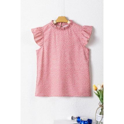 Pink Polka Dots Ruffle Flutter Sleeve Frilled Neck Blouse