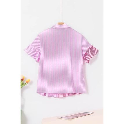 Pink Stripe Striped Patchwork Ruffled Hem Button up Shirt