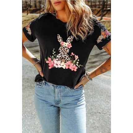Black Easter Bunny Flower Embroidered Crew Neck T Shirt