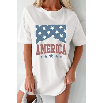 White AMERICA Stars Print Round Neck Oversized T Shirt